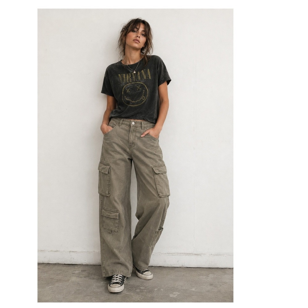 Divided Womens Olive Khaki Cotton Cargo Pants Jeans 6 Wide Leg Y2K Gorpcore